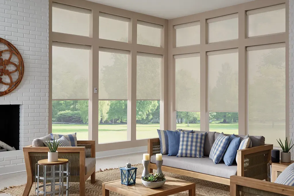 Living room windows fitted with roller shades