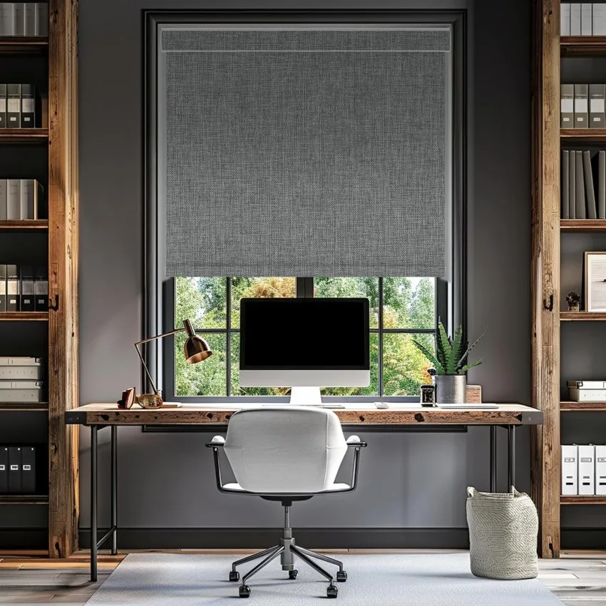 Roller shades over living room windows