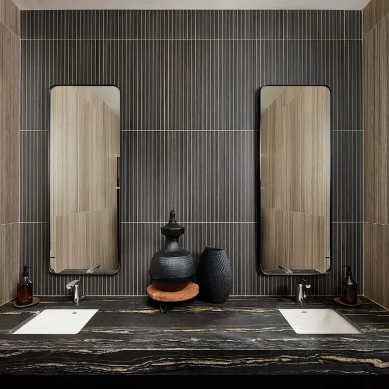 Shibusa wenge straight-stack porcelain tile