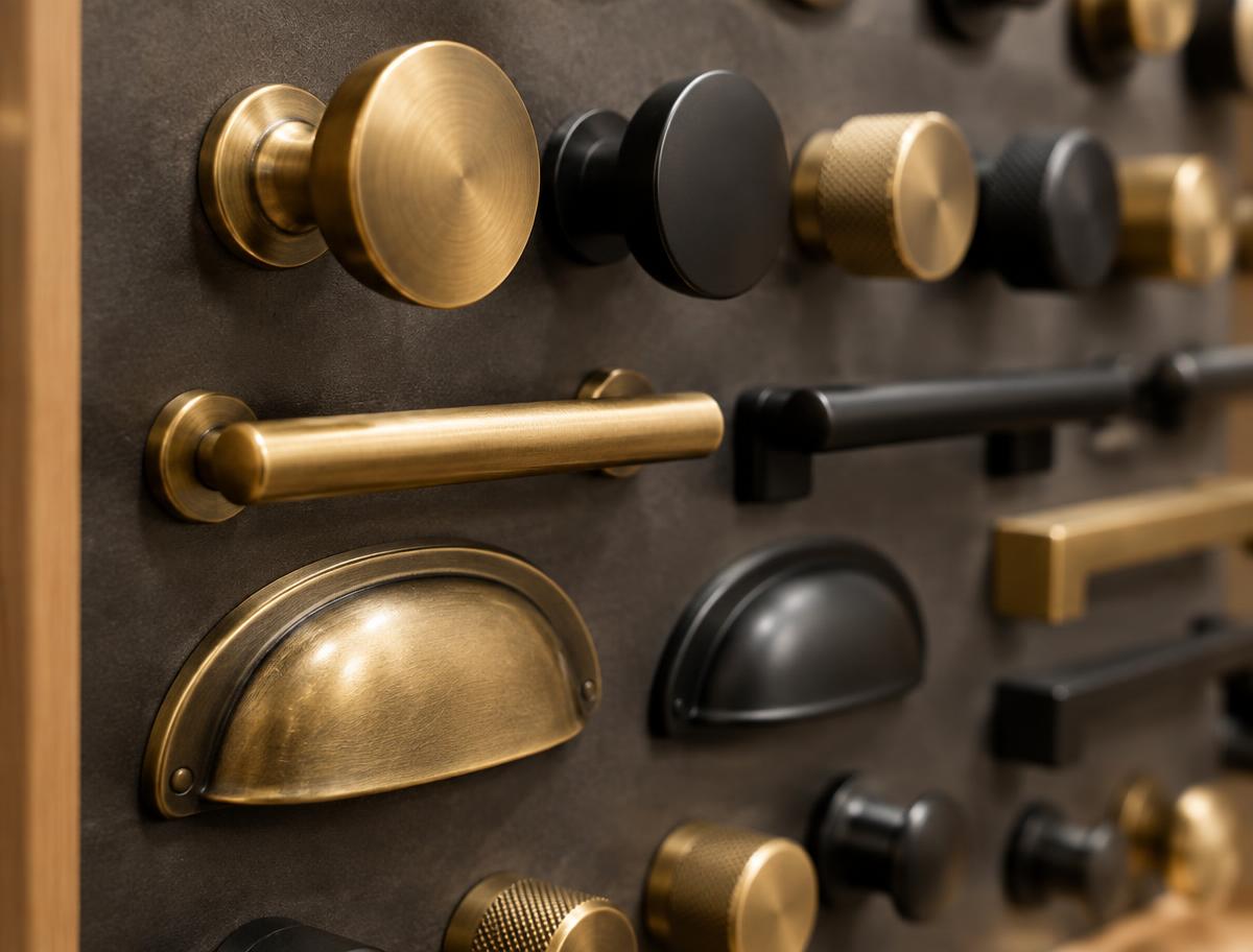 Brass and matte black cabinet knobs and pulls on a display board